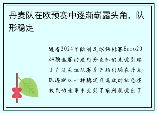 丹麦队在欧预赛中逐渐崭露头角，队形稳定