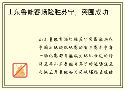 山东鲁能客场险胜苏宁，突围成功！