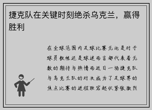 捷克队在关键时刻绝杀乌克兰，赢得胜利