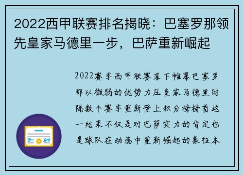 2022西甲联赛排名揭晓：巴塞罗那领先皇家马德里一步，巴萨重新崛起