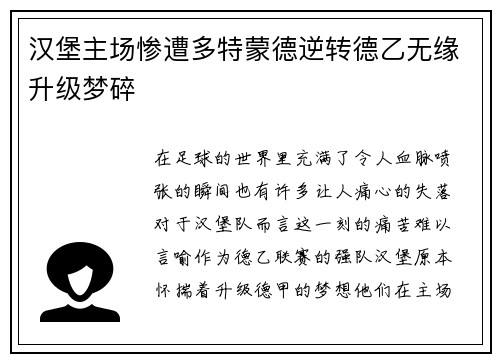 汉堡主场惨遭多特蒙德逆转德乙无缘升级梦碎