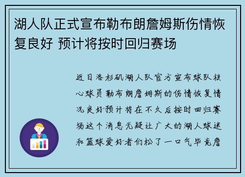 湖人队正式宣布勒布朗詹姆斯伤情恢复良好 预计将按时回归赛场