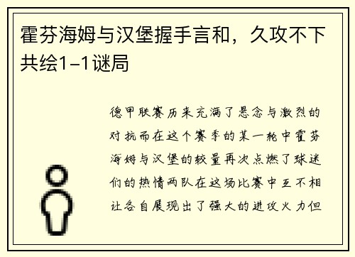 霍芬海姆与汉堡握手言和，久攻不下共绘1-1谜局